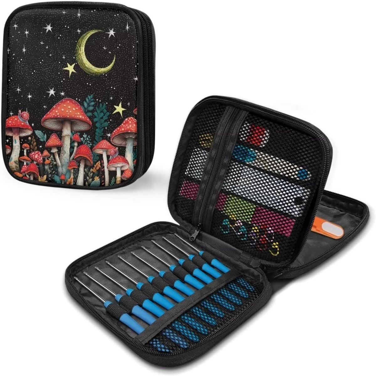 Mushroom Moon Crochet Hook Case - Empty Zipper Bags Organizer with Web