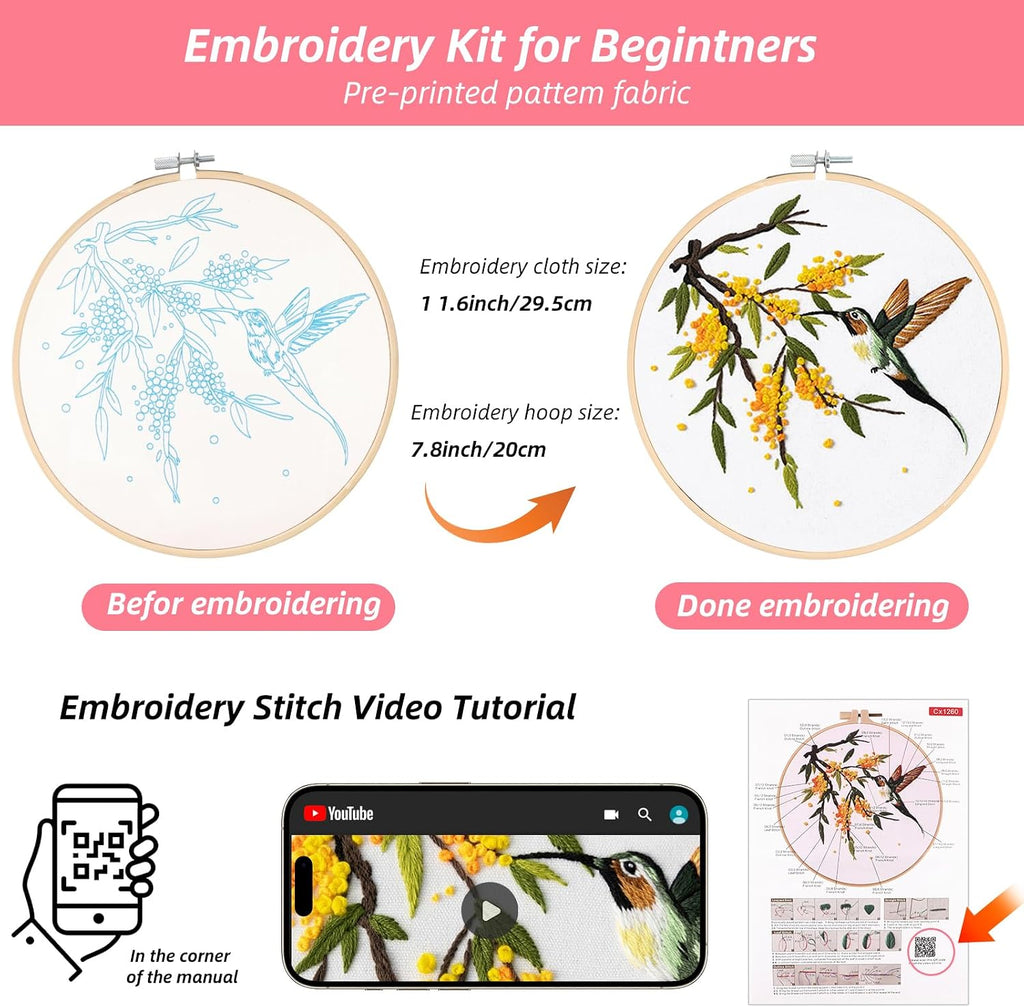 Sopoloray 4 Pack Hummingbird Embroidery Kit for Beginner Adults,Floral