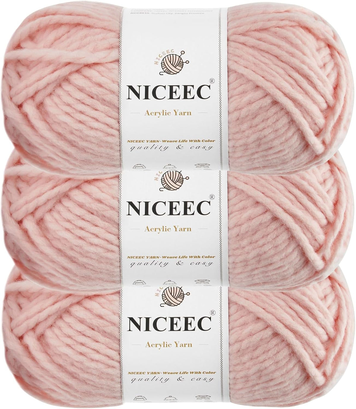 NICEEC 3 Skeins Bulky Acrylic Yarn 360 yds/16oz - Light Pink