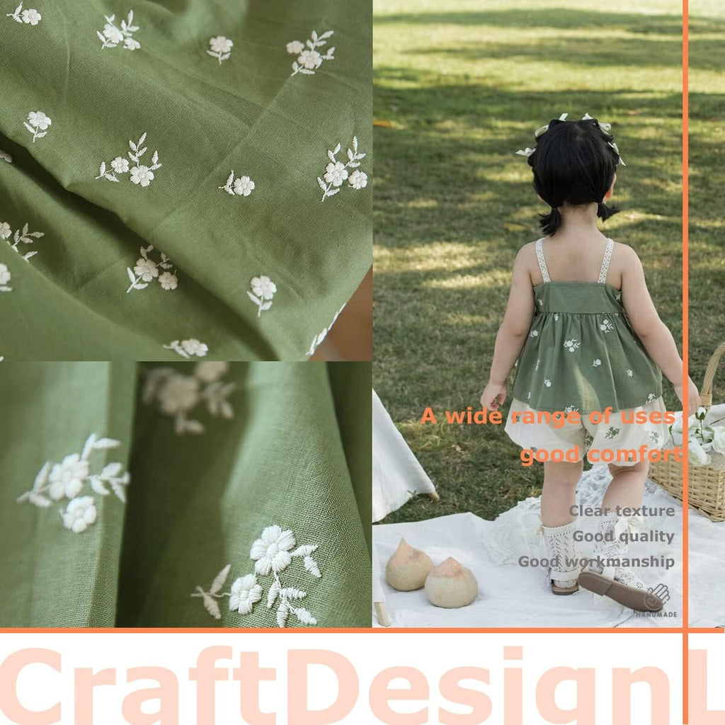 CraftDesignL Green Floral Linen Fabric - Embroidered Daisy Quilting