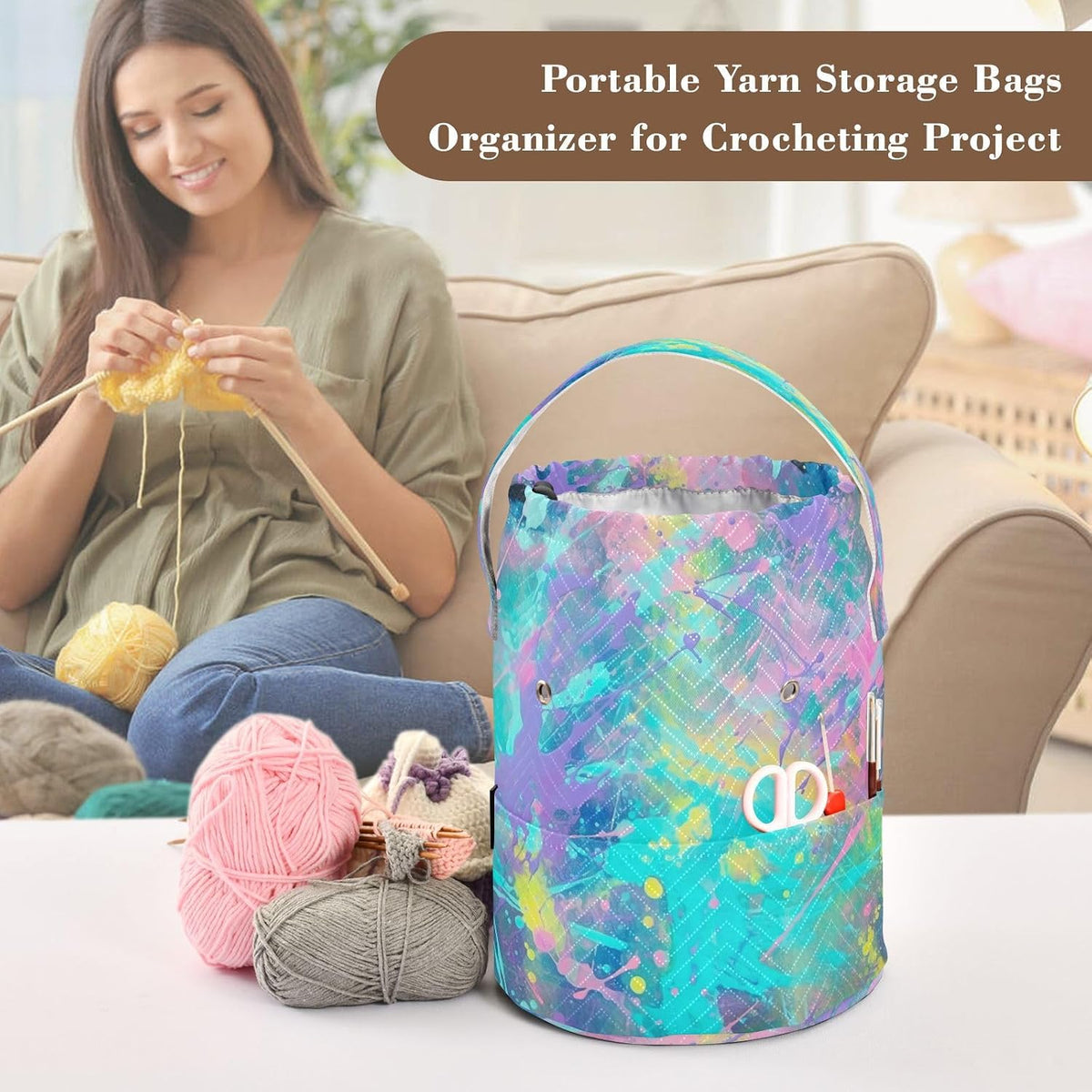 YETTASBIN Paint Splash Yarn Storage Bag, Large Crochet Knitting Bag