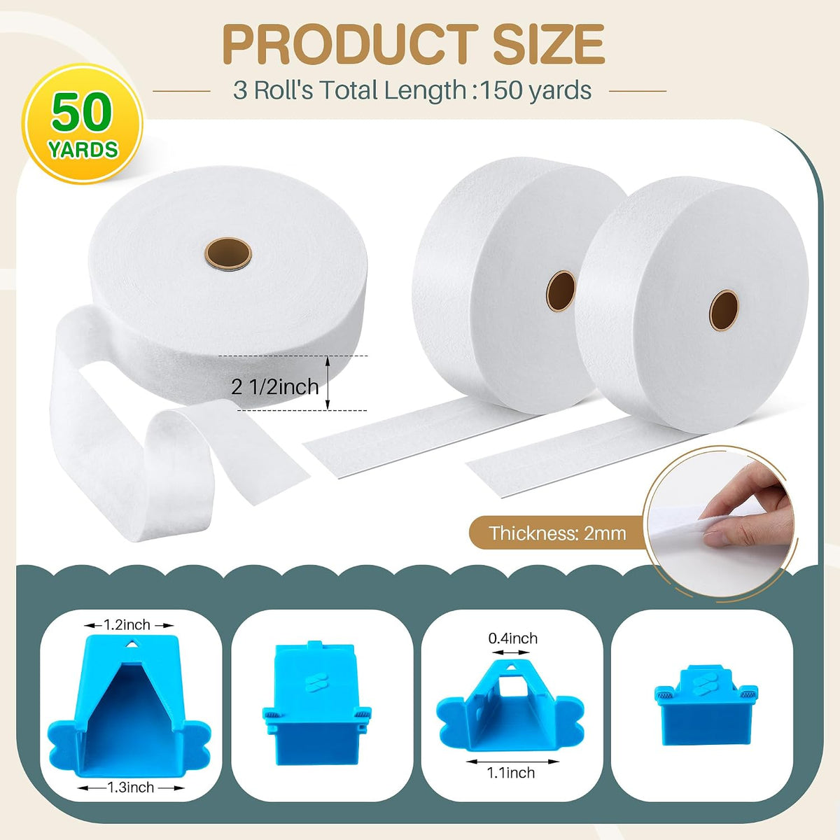 3 Roll Jelly Roll Batting Strips with Tube Maker, 2 1/2", Blue