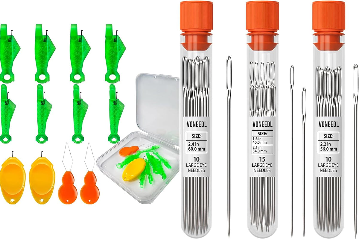 10 pcs Needle Threader Set and 35 Big&Thinner Eye Sharp Needles for