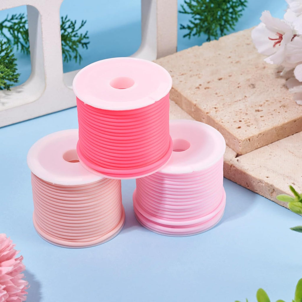 FASHEWELRY 16.4 Yards 2mm Hollow Pipe Rubber Cords 3 Pink Colors