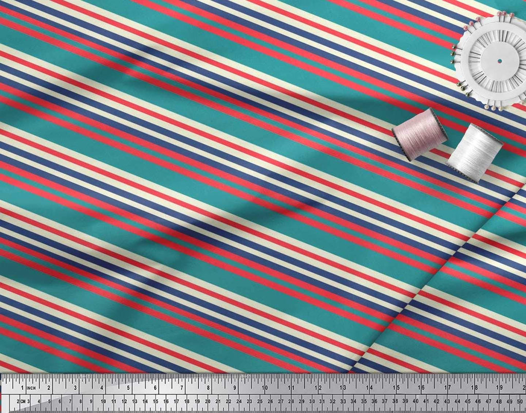 Soimoi Cotton Canvas Fabric - Stripe Print, Teal Greens | 56" Wide