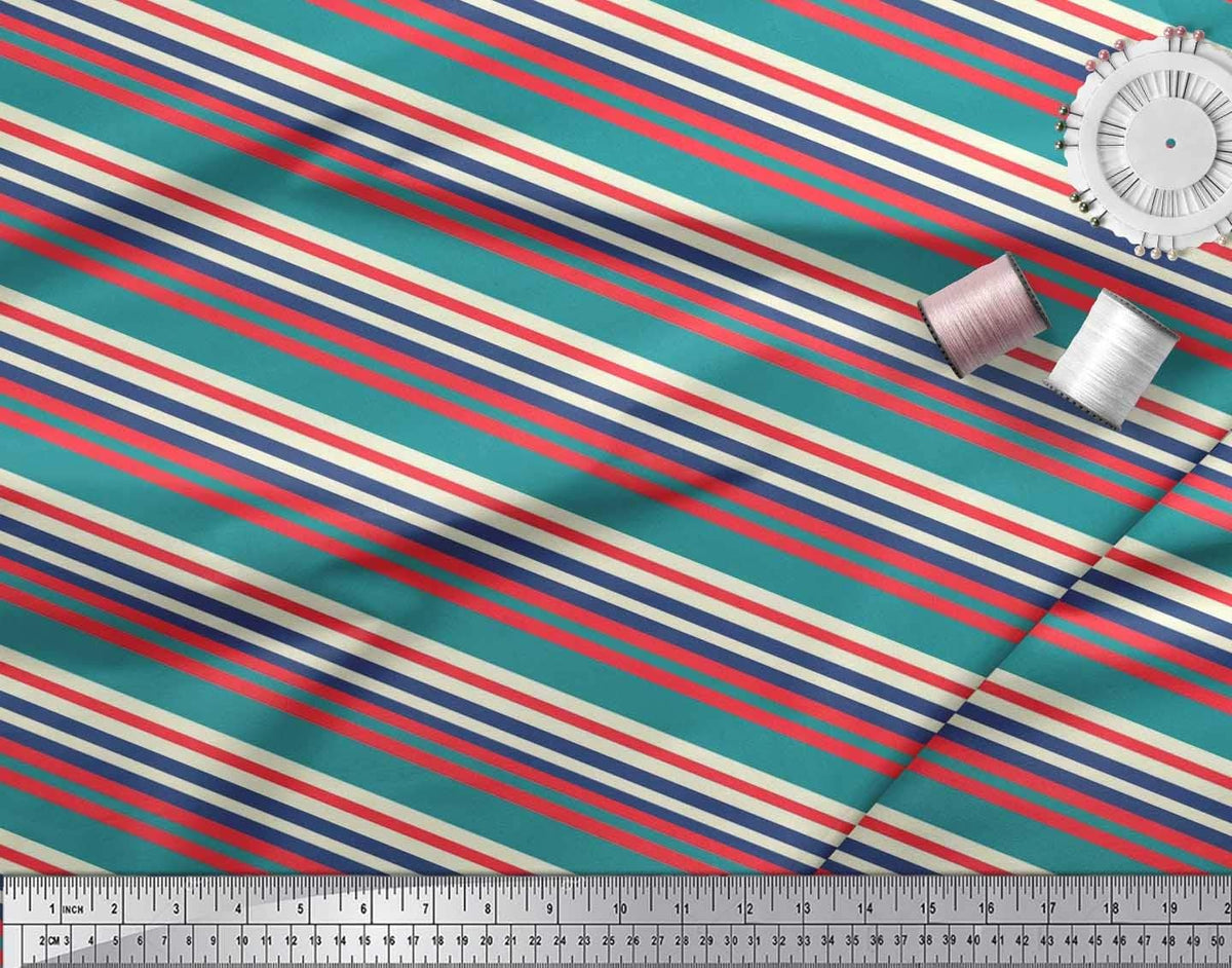 Soimoi Cotton Canvas Fabric - Stripe Print, Teal Greens | 56" Wide