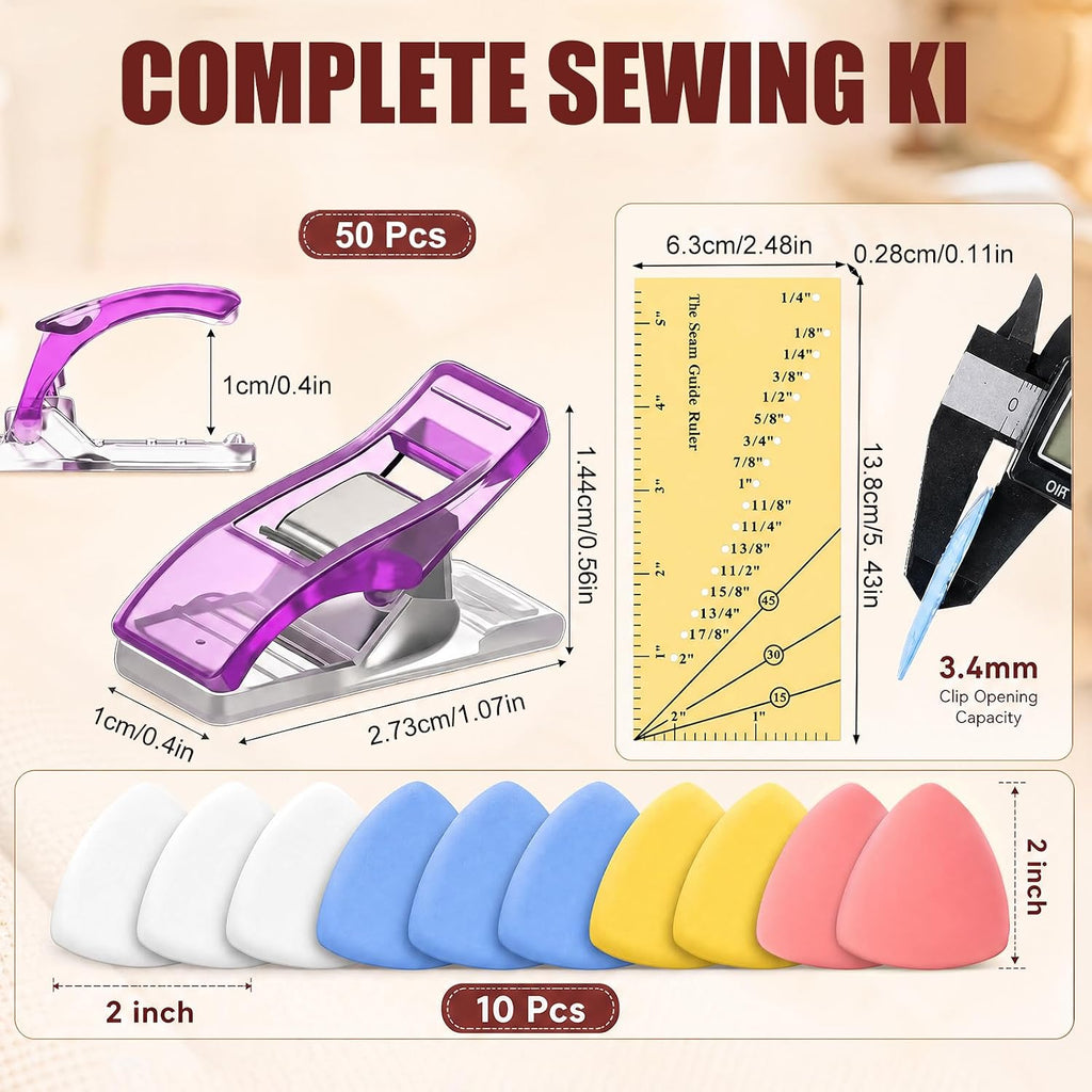 ElaraBerry 10 Pcs Sewing Chalk with 50 Pcs Fabric Clips 1 Seam Guide