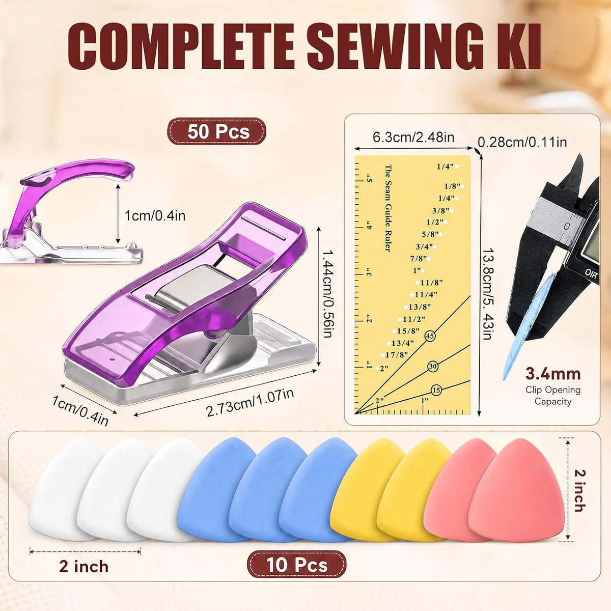 ElaraBerry 10 Pcs Sewing Chalk with 50 Pcs Fabric Clips 1 Seam Guide