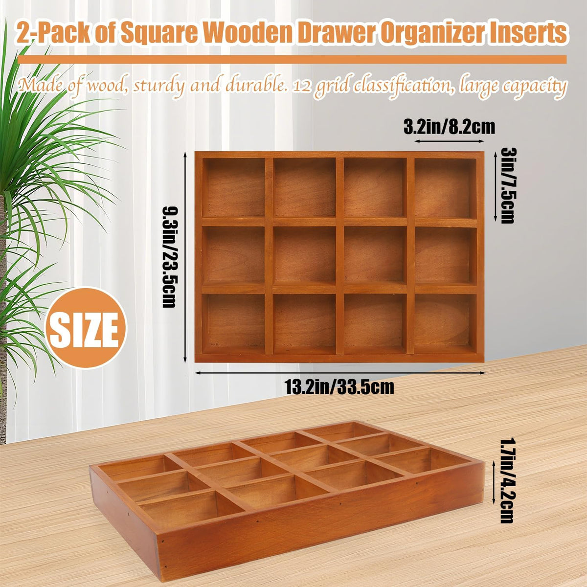 Wooden Tray, 2 Pack Wood Drawer Organizer Drawer Organizer 12 Grid