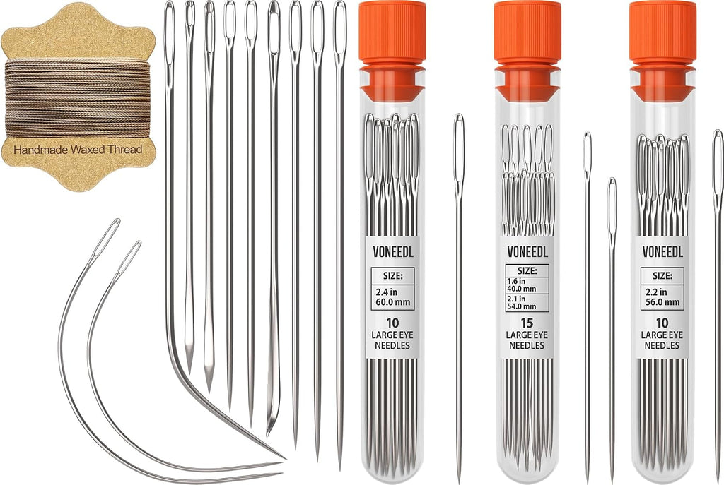 Waxed Sewing Thread (Khaki Color), Heavy Duty Needles (11 PCS) Large