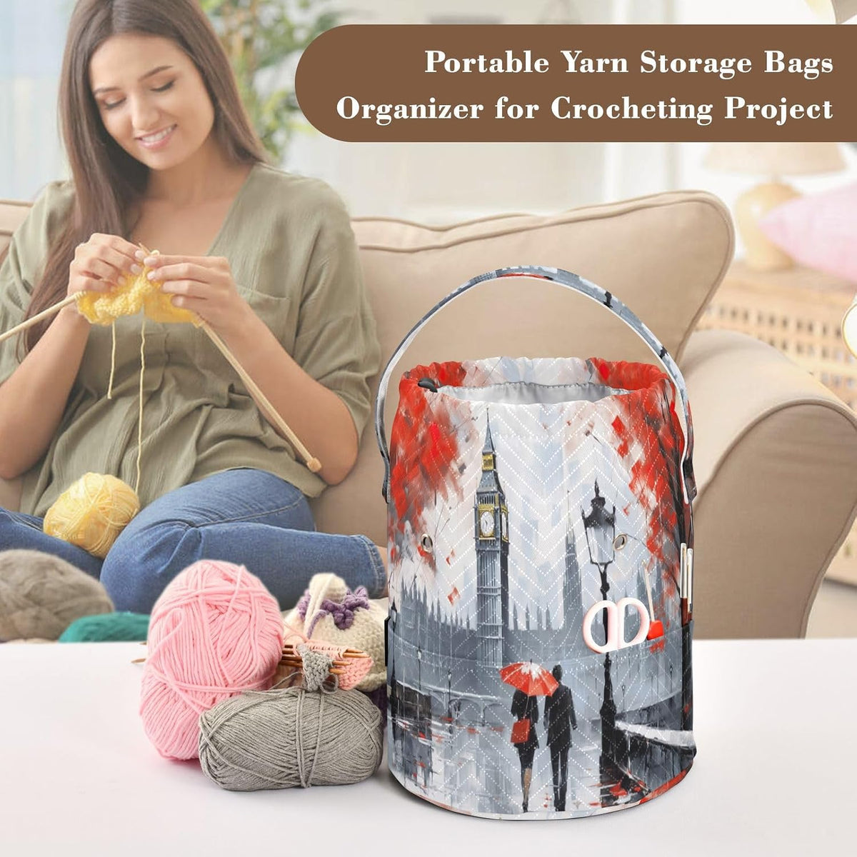 YETTASBIN London Landscape Yarn Storage Bag, Large Crochet Knitting