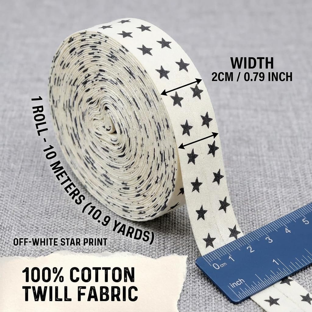 Off White Star Cotton Twill Bias Tape, Double Fold Bias Binding for