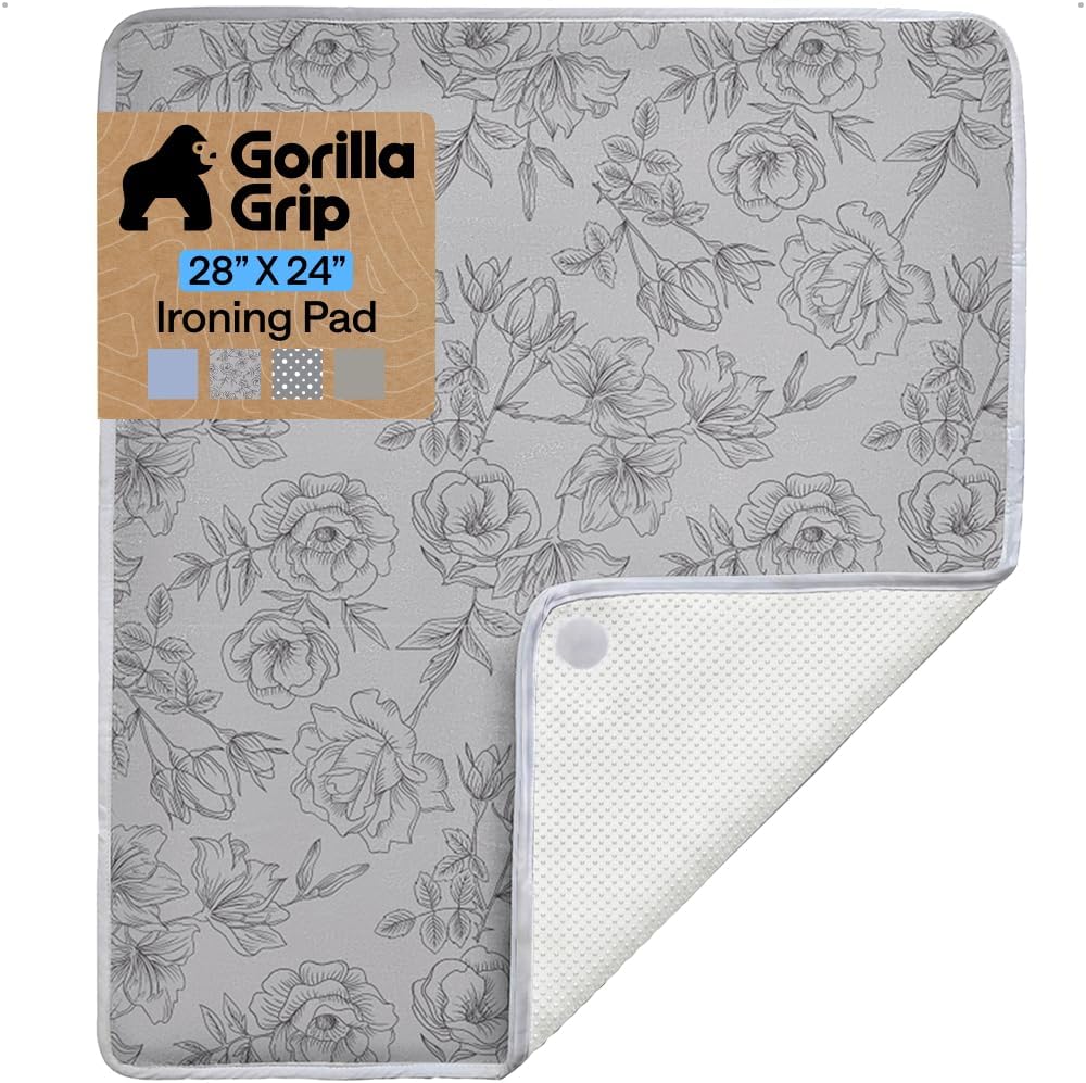 GORILLA GRIP Portable Cushioned Ironing Mat, 28x24, Gray Floral
