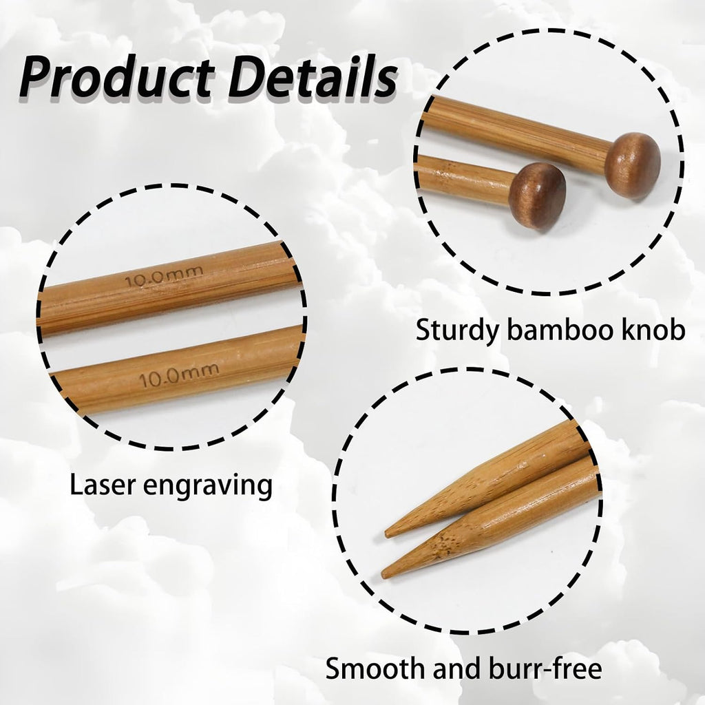 NoxWisp 2 Pcs Bamboo Knitting Needles Size 10, 10-Inch Long Thick