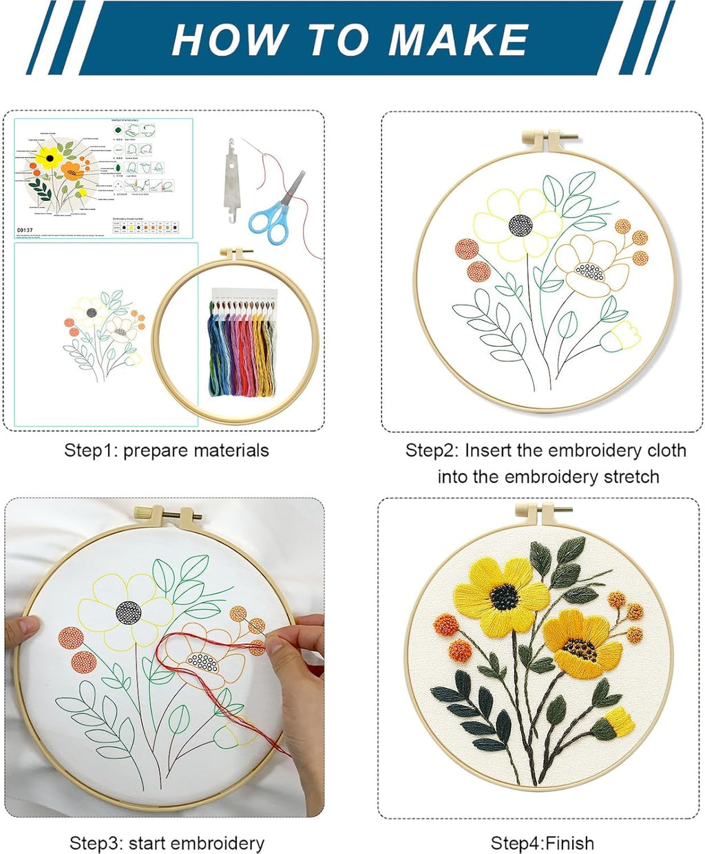 Zhenqing Floral Embroidery Kit for Beginners, 3 Patterns, 7.8in Hoop