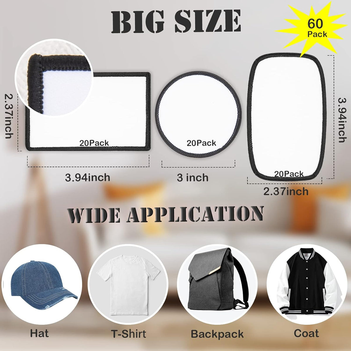 60 PCs Sublimation Patches - Iron On Blank Patches for DIY Crafts Hats