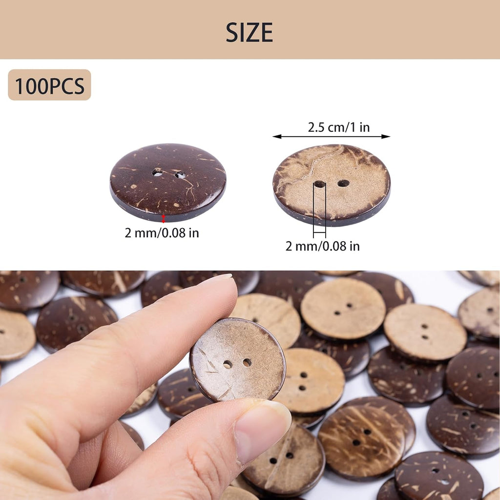 Natural Coconut Shell Buttons, 1 Inch / 25mm, 100Pcs