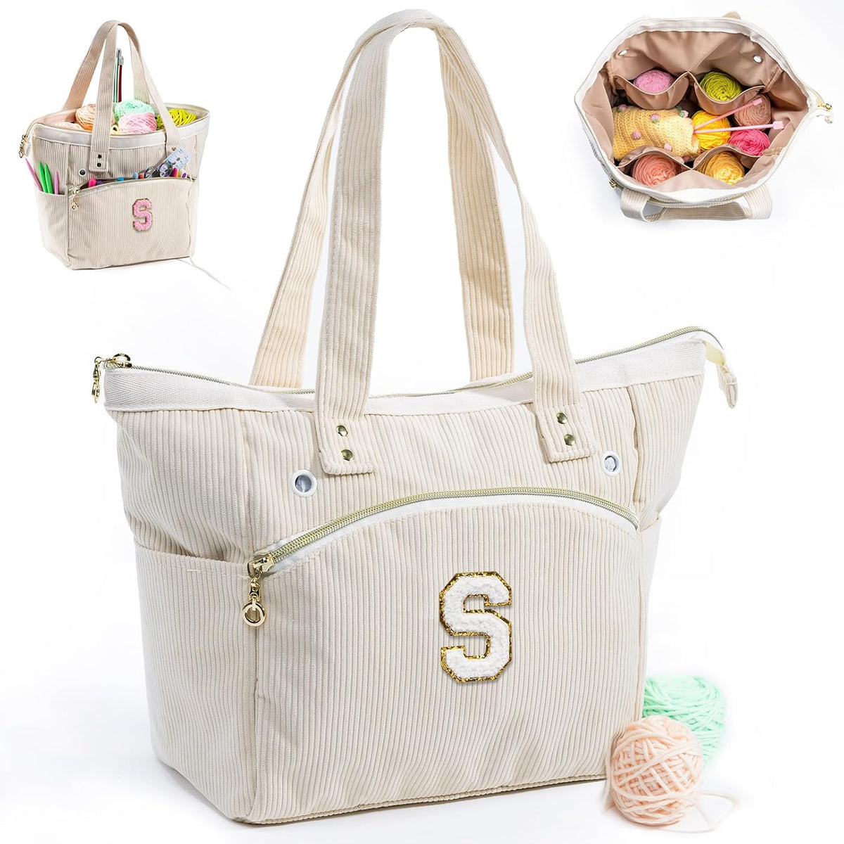 Initial Personalized Corduroy Yarn Bag Tote - Storage & Holder for