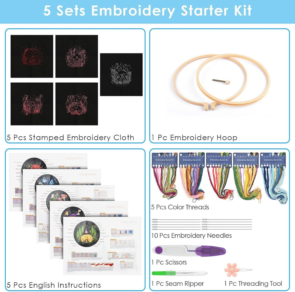 ERKOON 5 Sets Embroidery Kit for Beginners Adult Mushroom Cross Stitch