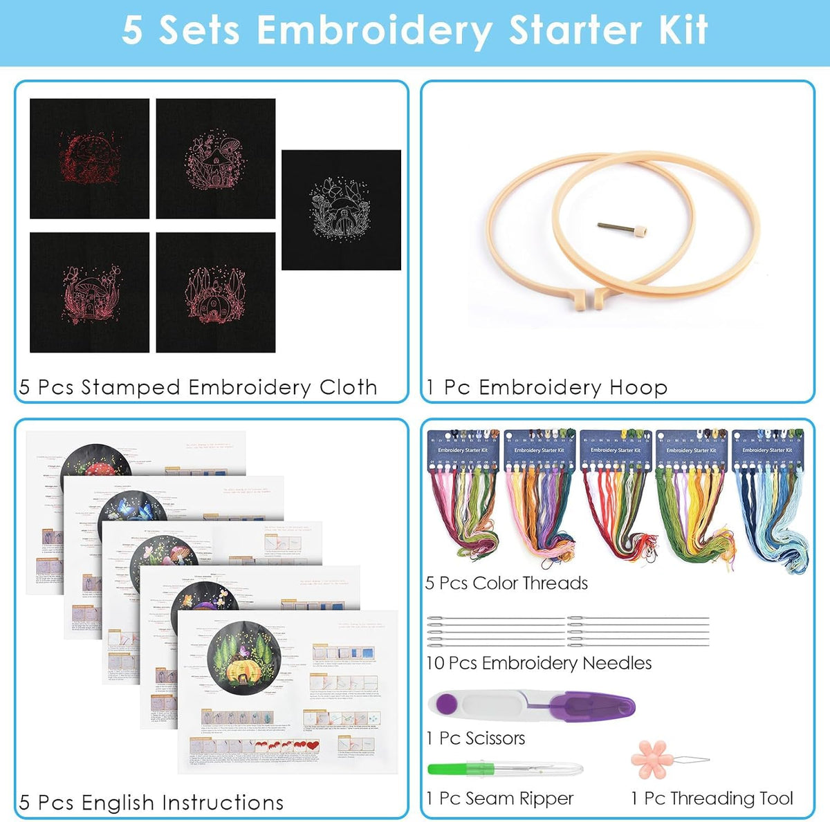 ERKOON 5 Sets Embroidery Kit for Beginners Adult Mushroom Cross Stitch