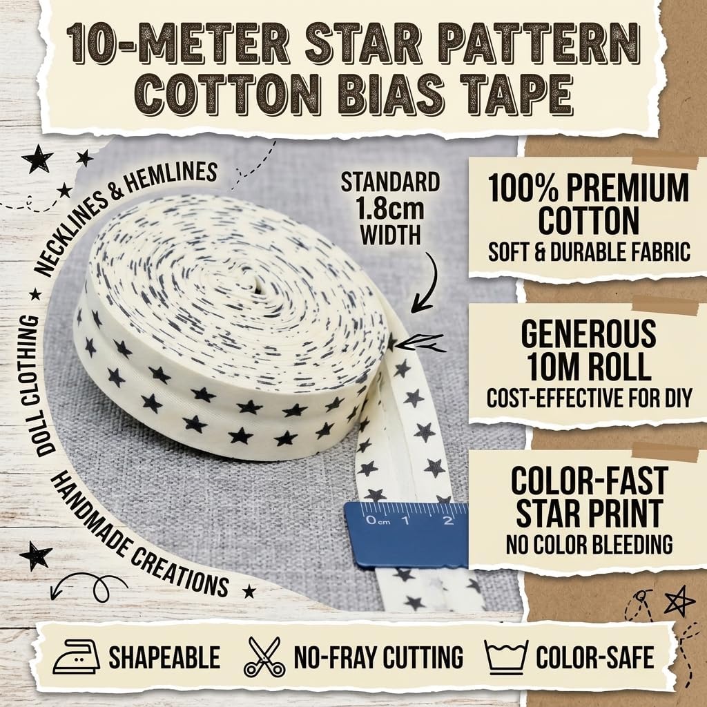 Off White Star Cotton Twill Bias Tape, Double Fold Bias Binding for