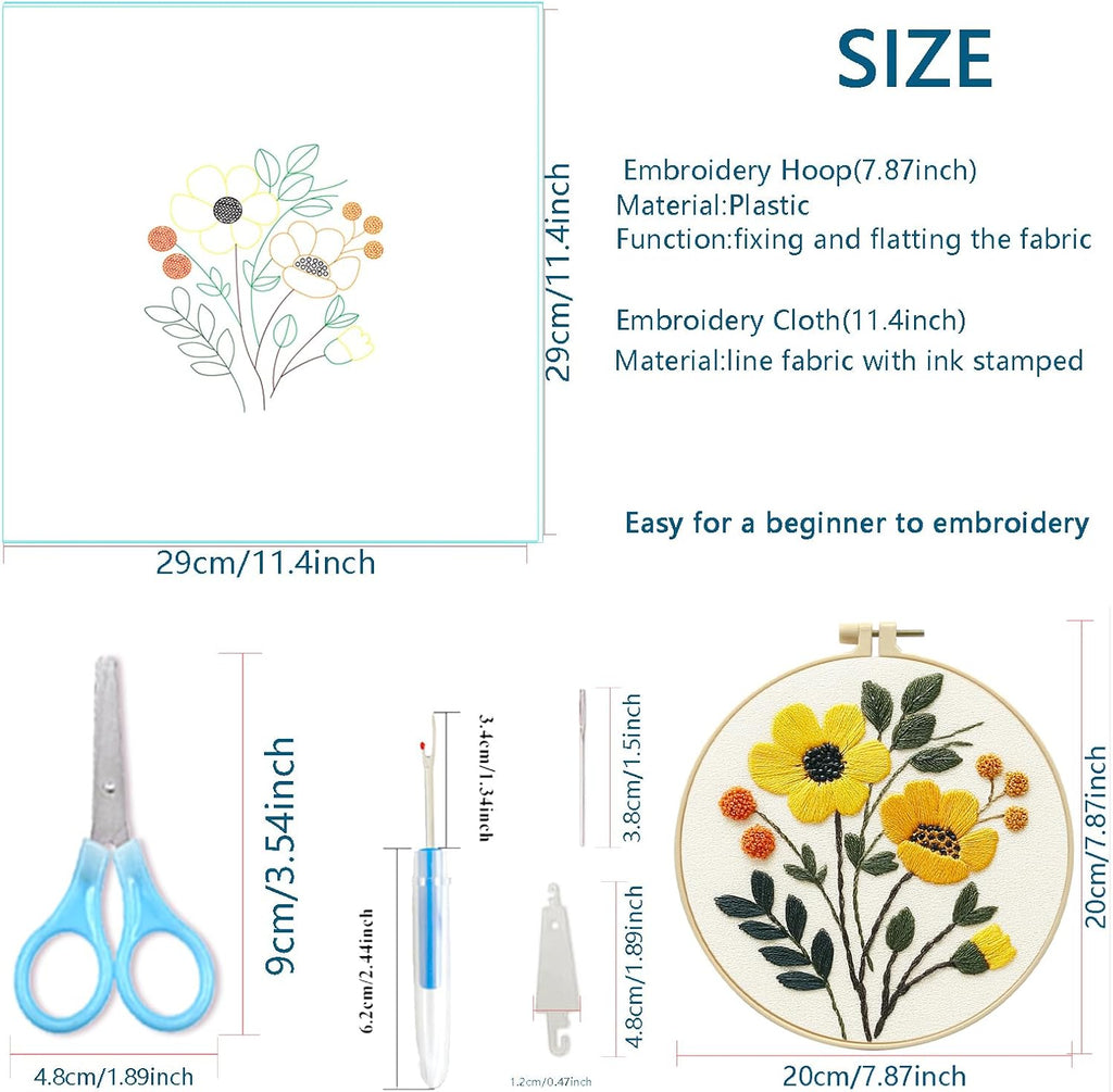 Zhenqing Floral Embroidery Kit for Beginners, 3 Patterns, 7.8in Hoop