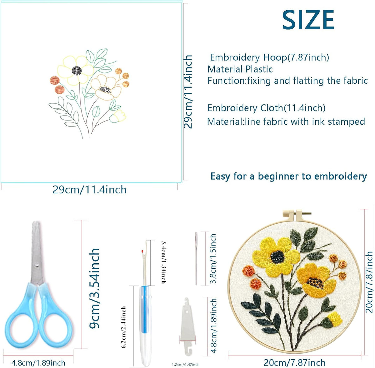 Zhenqing Floral Embroidery Kit for Beginners, 3 Patterns, 7.8in Hoop