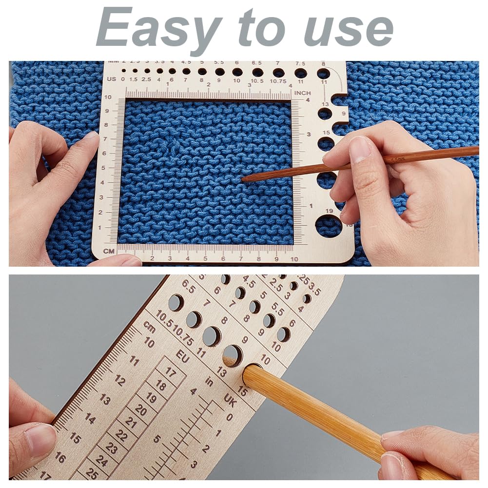 AHANDMAKER 2Pcs Wood Knitting Gauge Rulers, 2 Styles Knitting Needle