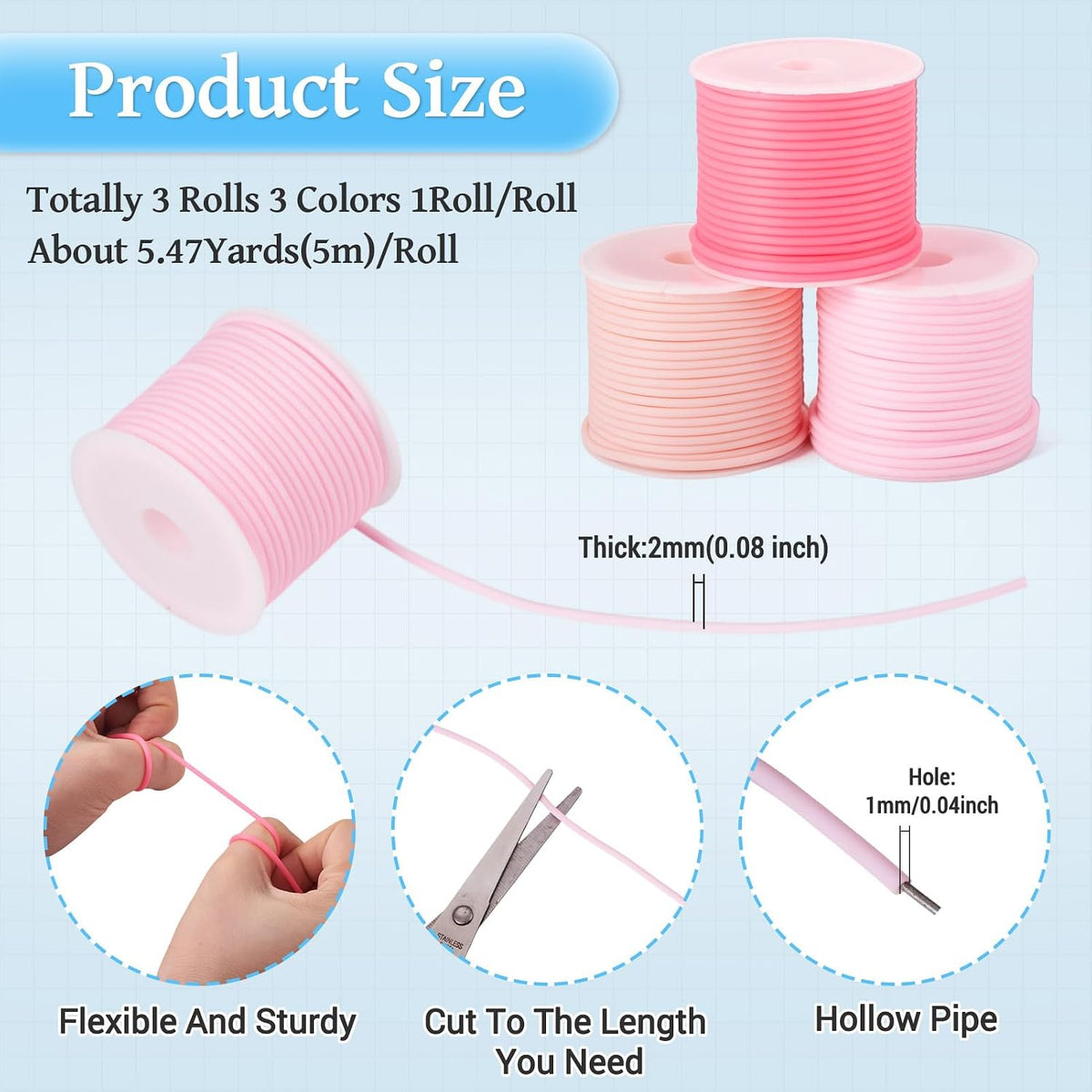 FASHEWELRY 16.4 Yards 2mm Hollow Pipe Rubber Cords 3 Pink Colors