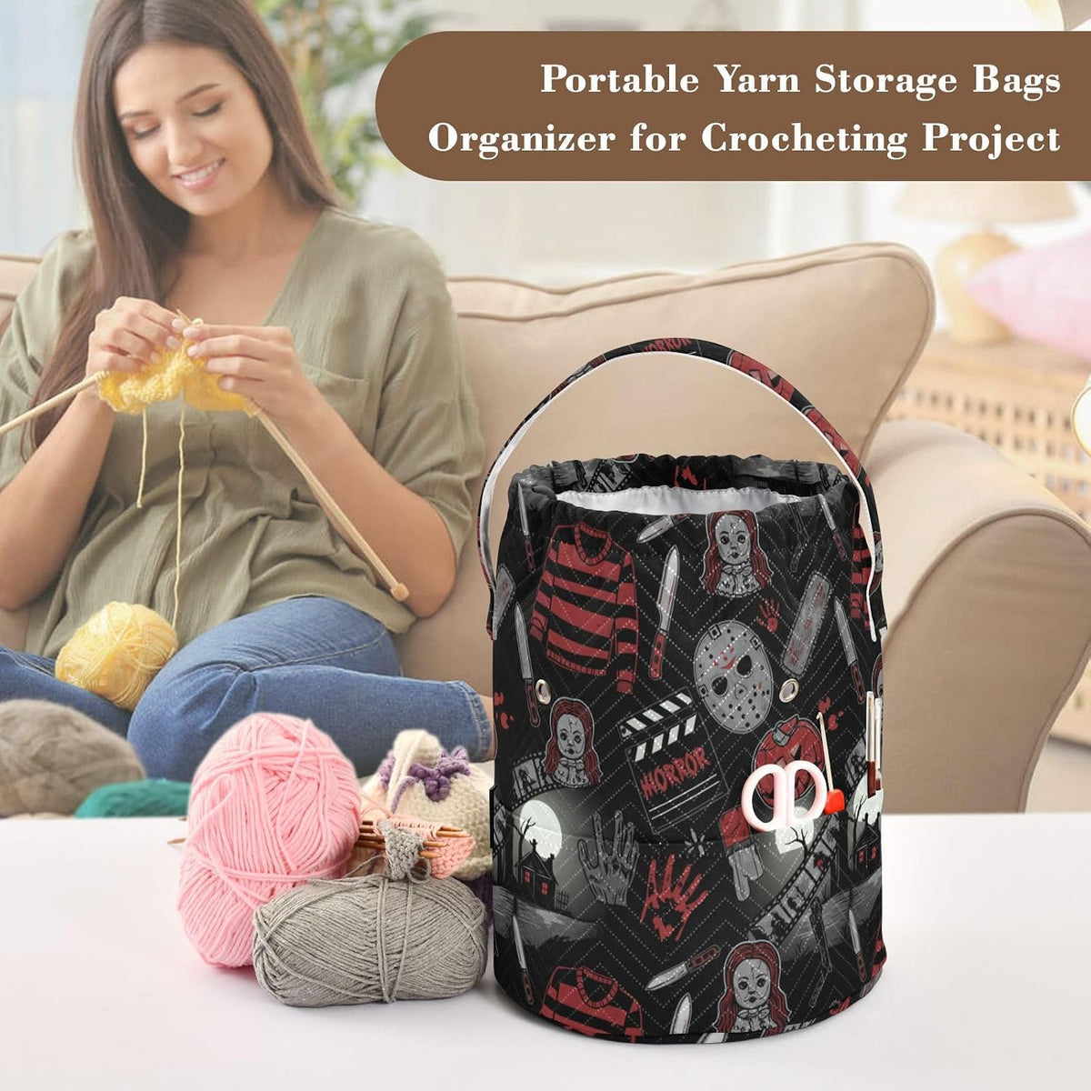Horror Movie Elements Seamless Pattern Crochet Bag Crochet Organizer