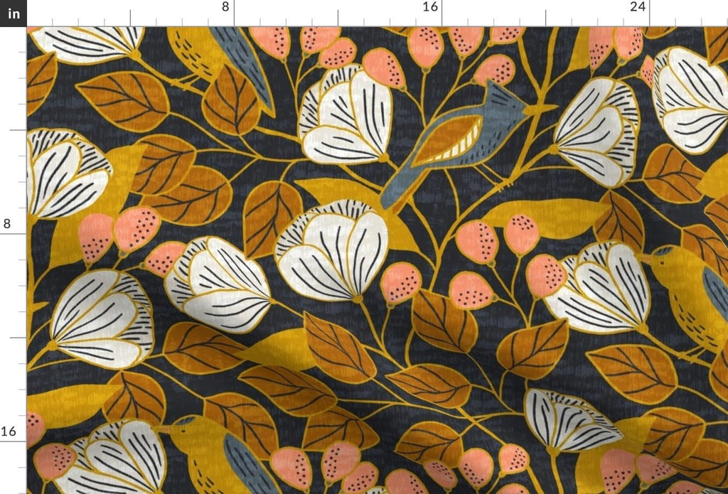 Spoonflower Fabric Dark Floral Mustard Gold on Essex Linen