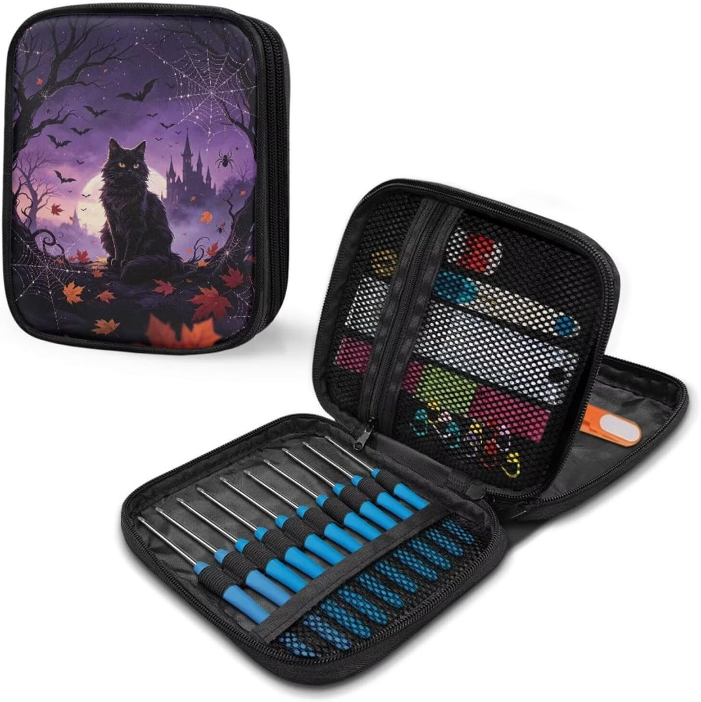 Hechitok Halloween Black Cat Empty Crochet Hook Case Portable Travel