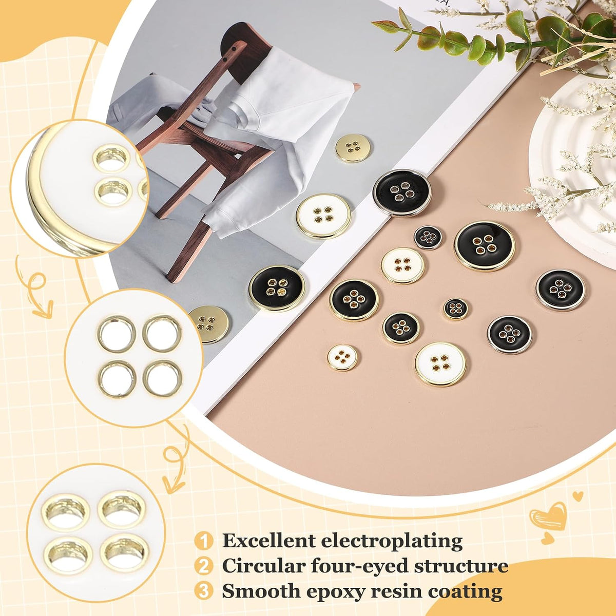 uxcell 12pcs Metal Sewing Buttons 15mm 4-Hole Gold White