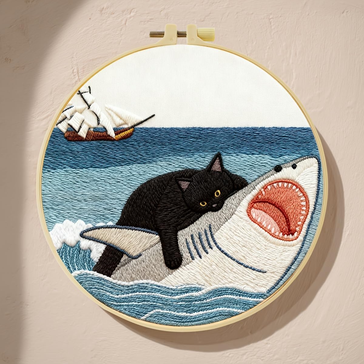 Black Cat Riding a Shark and a Sailboat Stamped Pattern Embroidery Kit