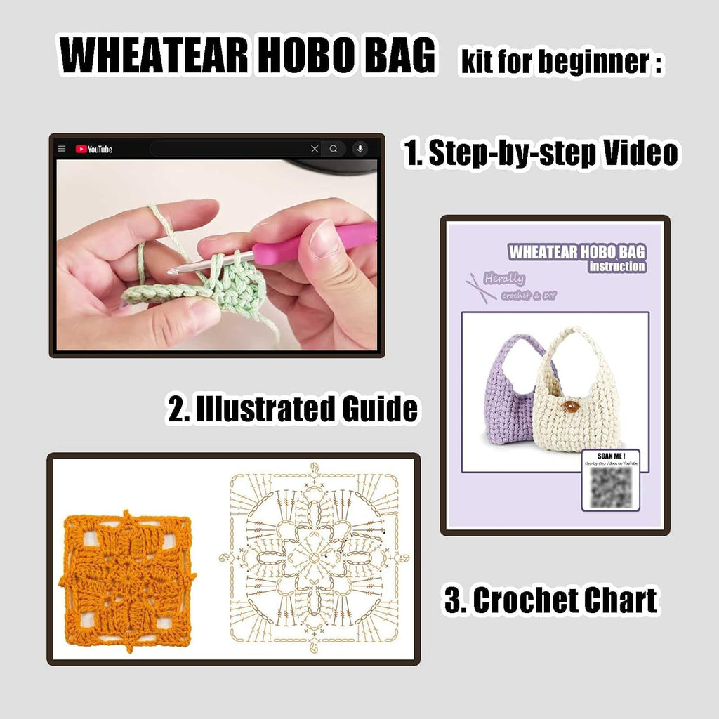 Herally Crochet Kit DIY Bag for Beginners - Wheatear Hobo Bag