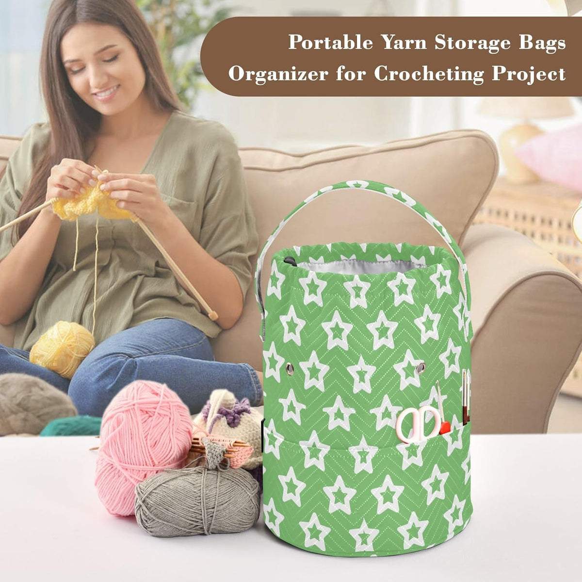 Green Simple Minimalist Stars Crochet Bags Knitting Project Bag with