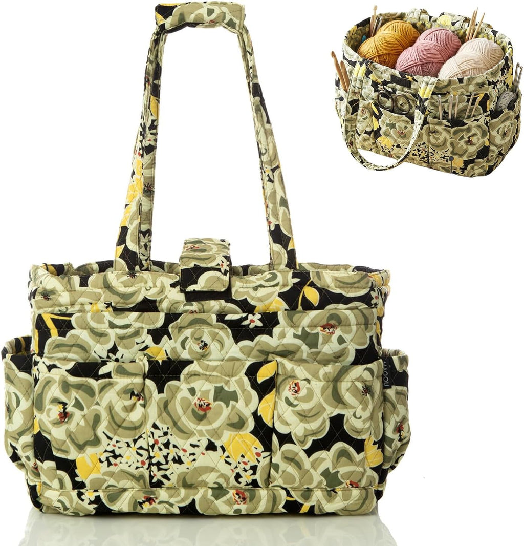 Knitting Quilted Tote Bag w/6 Pockets, Multifunctional Yarn Organizer