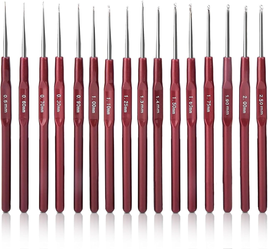 16PCS Crochet Hooks Set with Plastic Handle, 0.5mm - 2.5mm Ultra-Fine