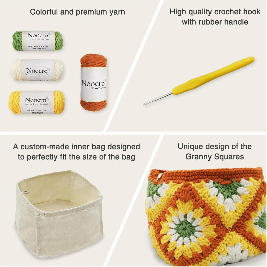 Noocro Crochet Kit Granny Square Shumai Bag, Purse, Complete DIY Kit