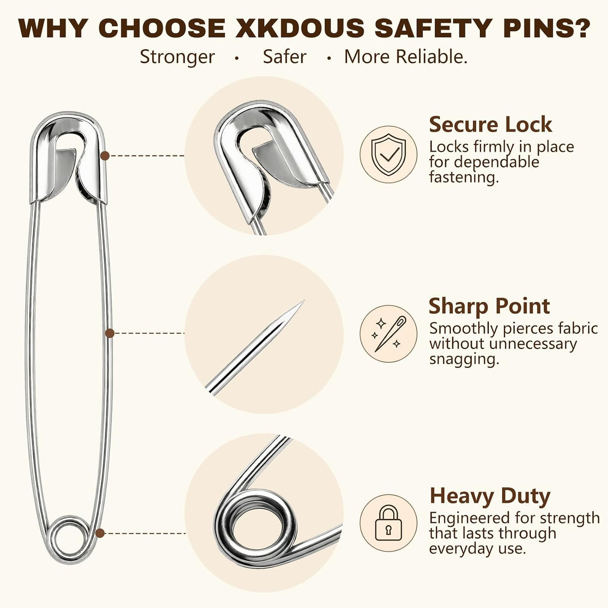 XKDOUS 380 Pack Safety Pins Assorted Sizes, Heavy Duty Pins for