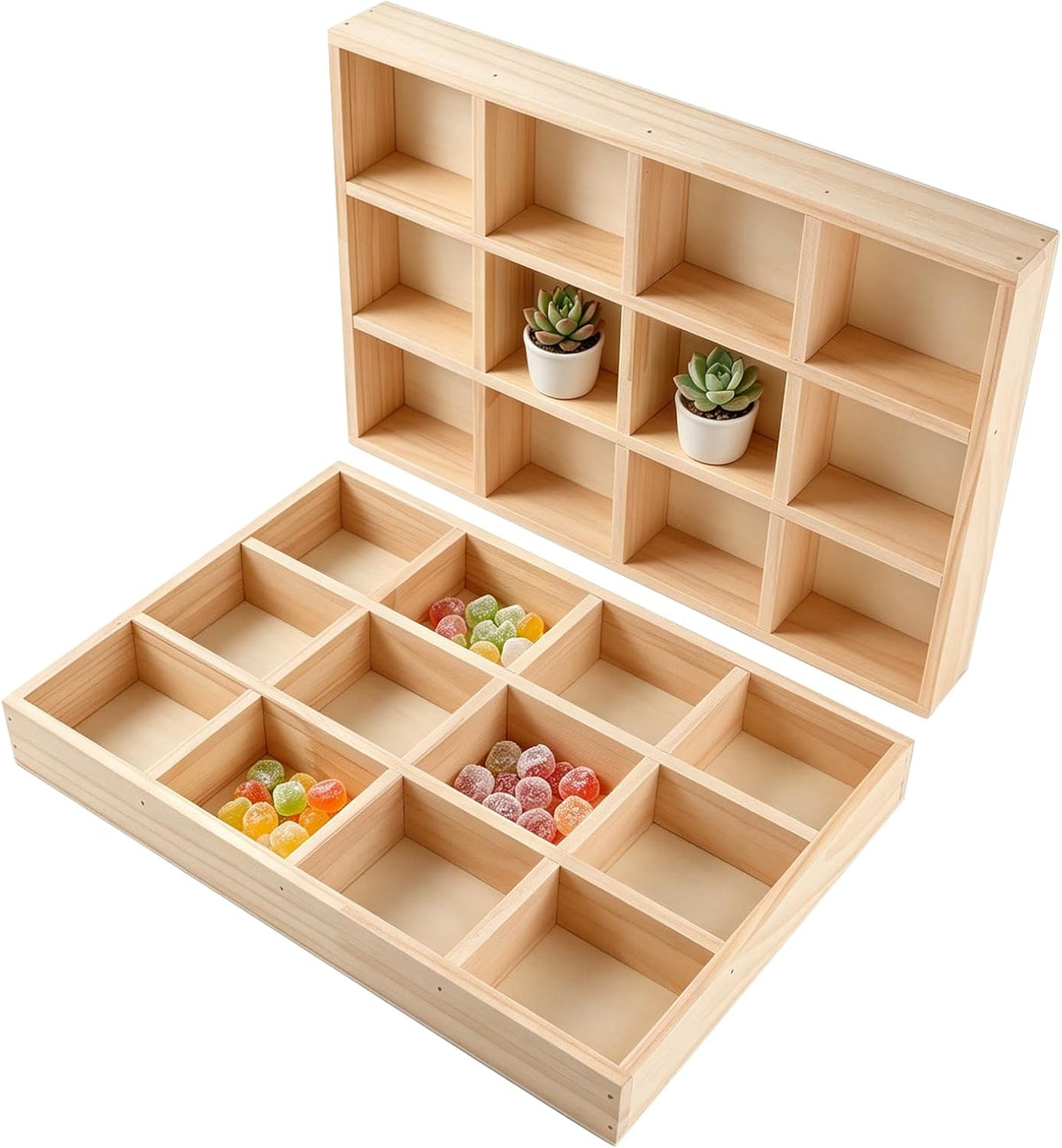 2 Pack Wooden Sorting Tray Grid Display 12 Compartments