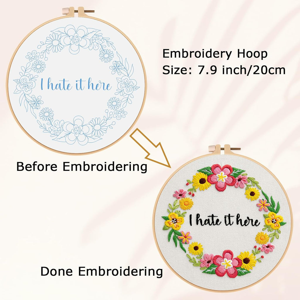 Nuberlic Floral Embroidery Kit for Beginners,Funny Embroidery Practice