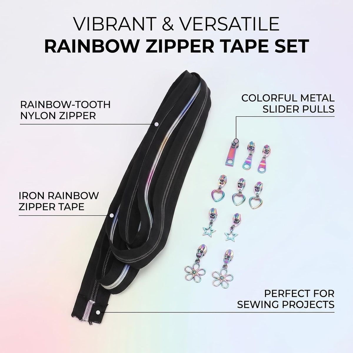 HEEPDD 11Pcs Rainbow Zipper Tape Set with Colorful Metal Sliders