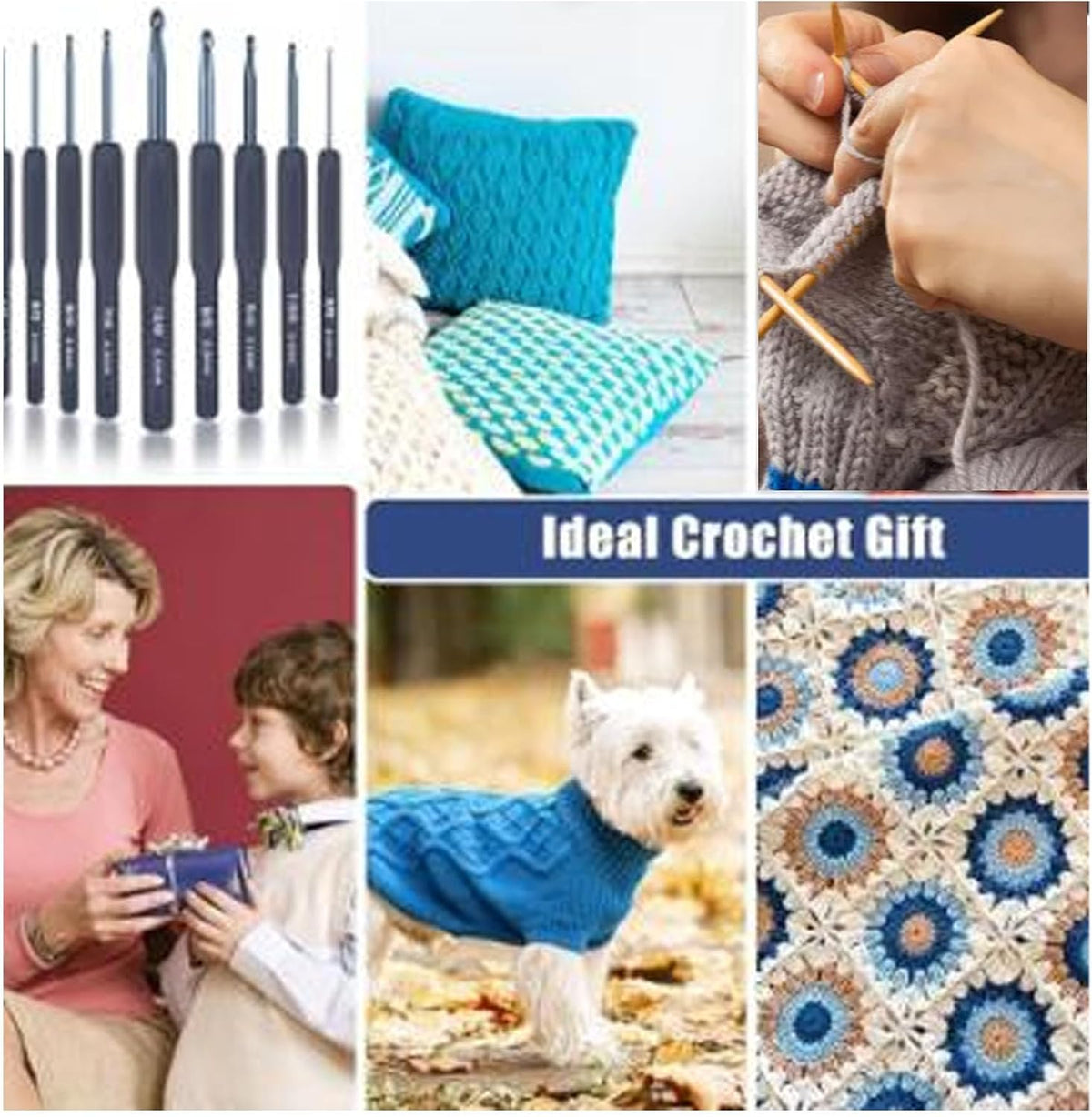 Soft Grip Crochet Hooks, 9pcs Blue Aluminum Ergonomic Knitting Set for