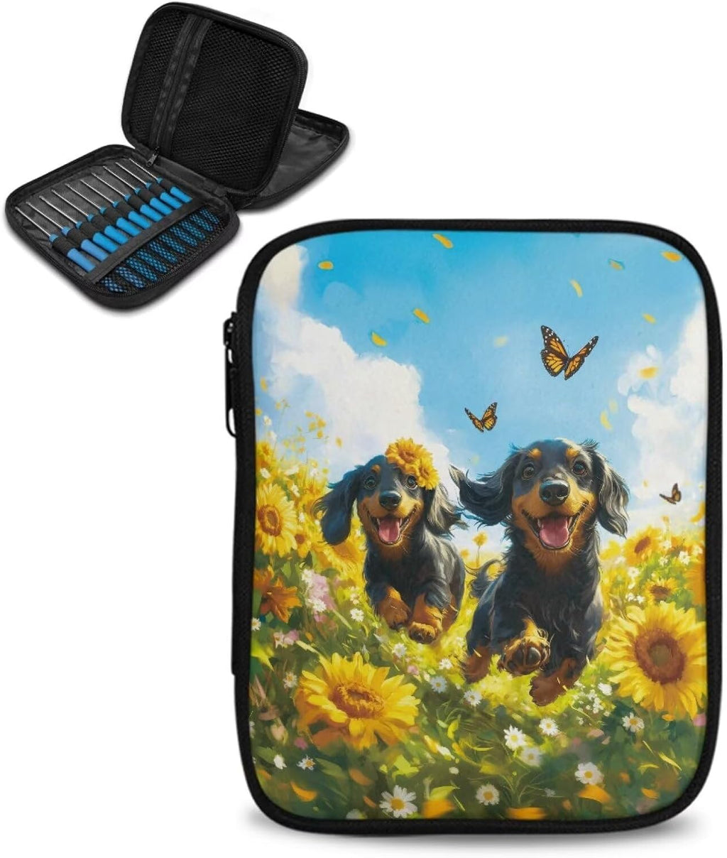 Hechitok Dog Sunflower Empty Crochet Hook Case Portable Travel Crochet
