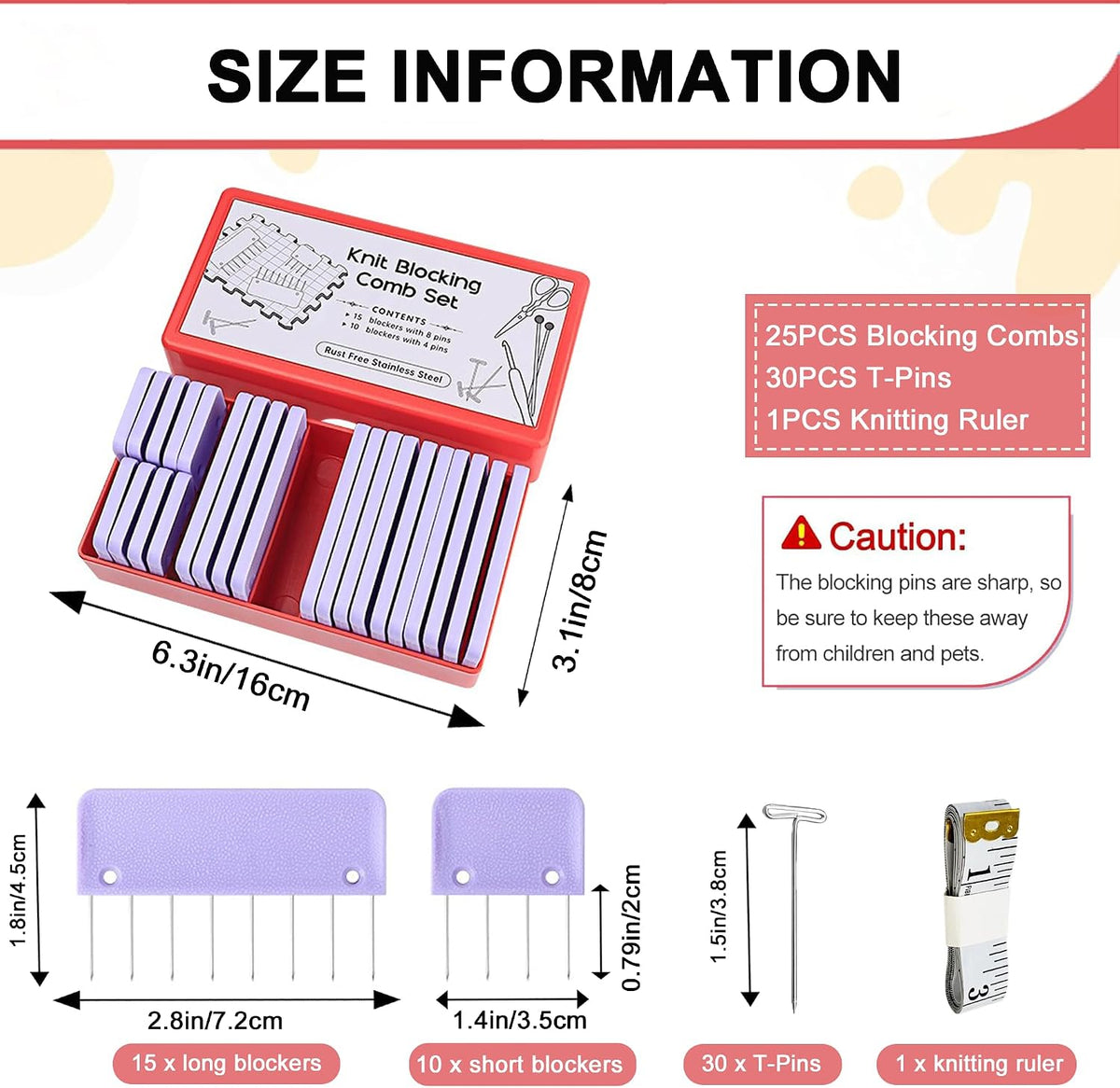 Knit Blockers Pins Kit, 25Pcs Knit Blocking Combs & 30 T-pins for