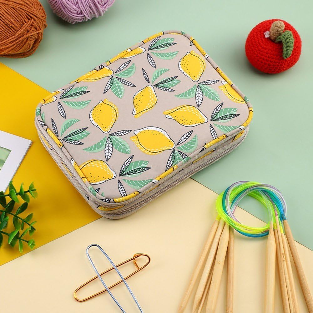 Yellow Lemon Empty Crochet Hook Case, Double Zipper Crochet Storage