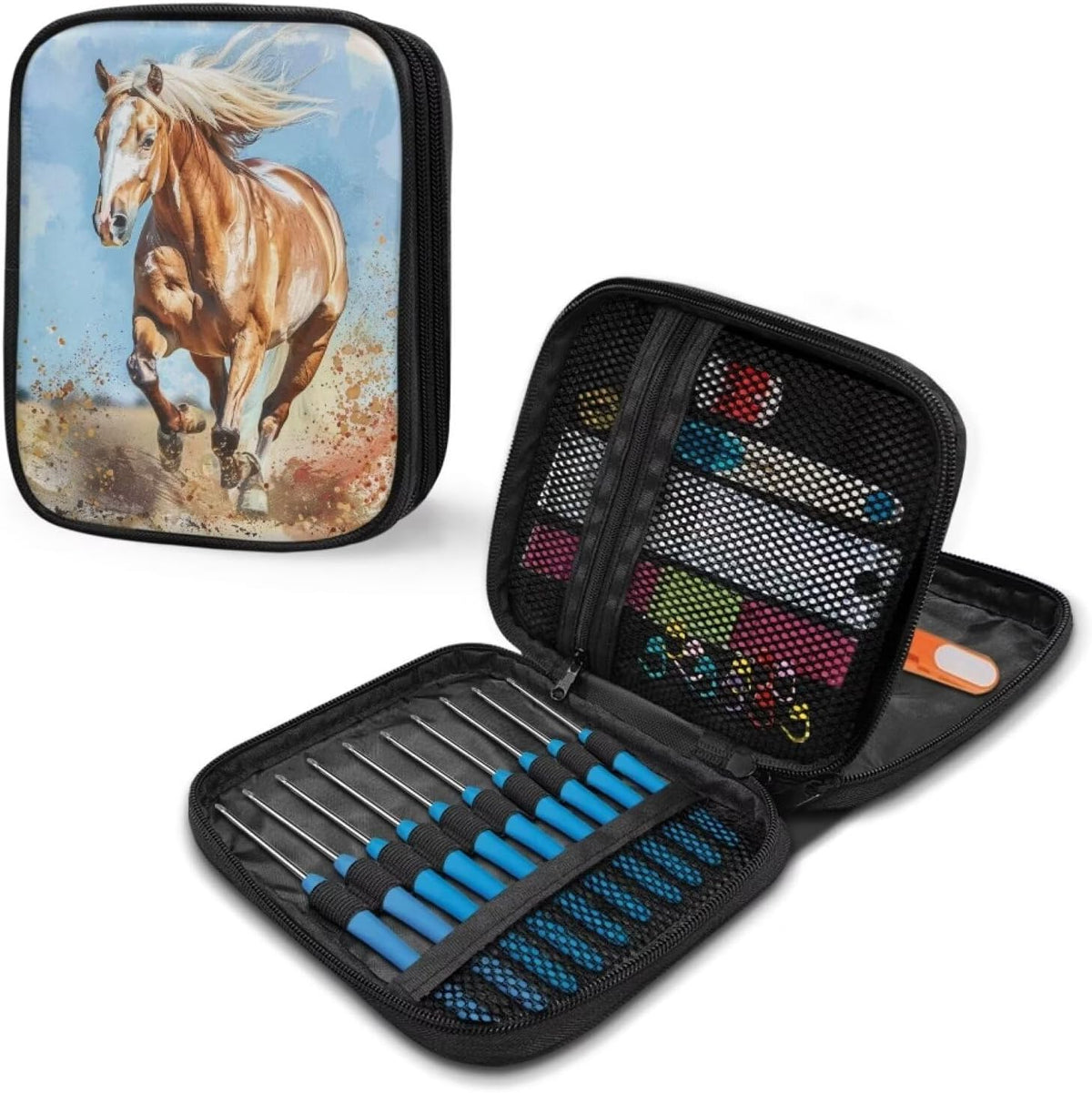 Luarisgur Horse Crochet Hooks Case Empty Zipper Portable Knitting