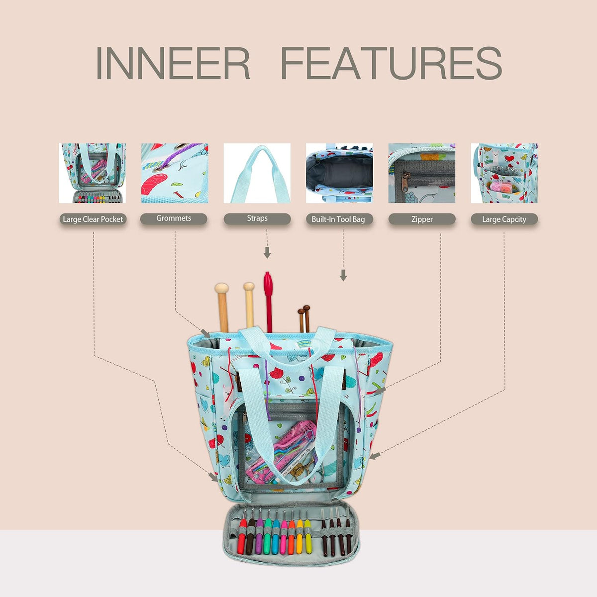 Yarn Knitting Storage Tote-Large Capacity Crochet Organizer Portable