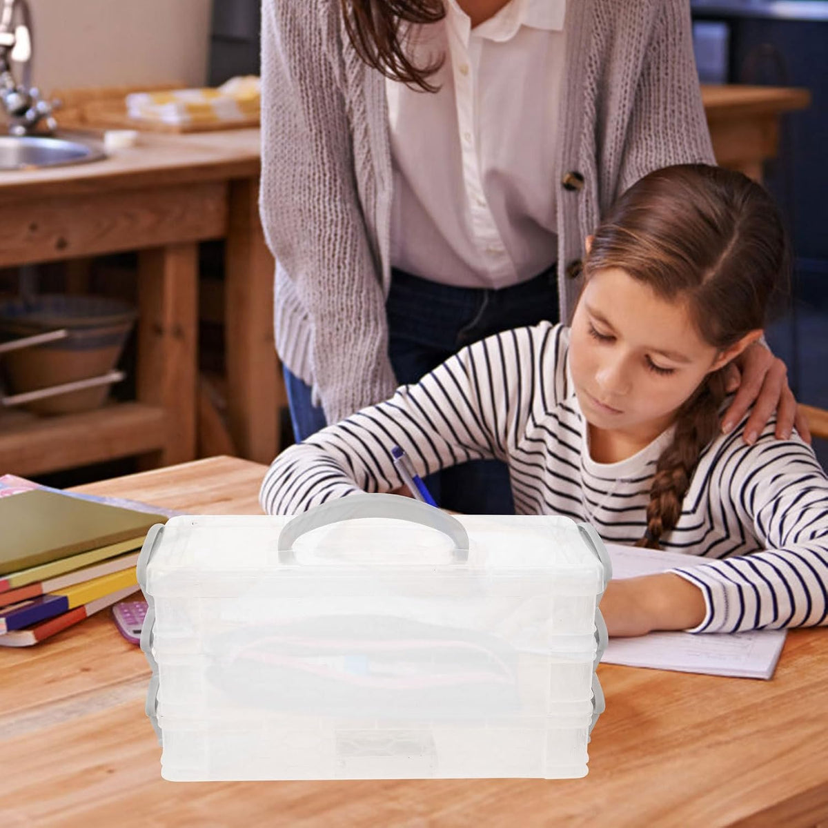 TEHAUX 2pcs Three-layer Storage Box with Lid, Portable Craft Organizer